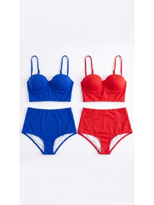 Zi 2 Renk 1 Paket Kırmızı -Mavi 2 Takım Yüksek Bel Bikini Takımı