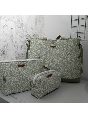 elisss bag 3'lü Set Kadın Çanta Plaj Çantası Düzenleyici Makyaj Çantası Yeşil Çiçek Desenli Lunchbag %100 Pamuk