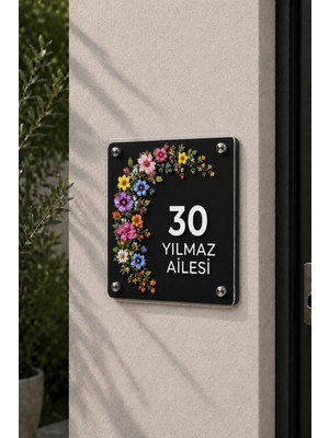 JHAAR Kişiye Özel Pleksi Kapı Isimliği – Modern & Lüks Uv Baskılı Dekoratif Kapı Numarası- Renkli Çiçekler 20X20 cm - Siyah
