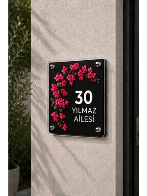 JHAAR Kişiye Özel Pleksi Kapı Isimliği – Modern & Lüks Uv Baskılı Dekoratif Kapı Numarası- Begonvil Çiçeği 20X20 cm - Siyah