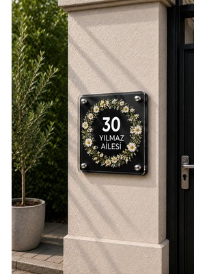JHAAR Kişiye Özel Pleksi Kapı Isimliği – Modern & Lüks Uv Baskılı Dekoratif Kapı Numarası- Tasarım Papatya Çiçeği 20X20 cm - Siyah