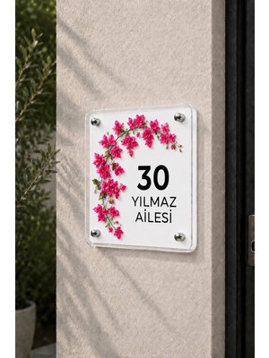 JHAAR Kişiye Özel Pleksi Kapı Isimliği – Modern & Lüks Uv Baskılı Dekoratif Kapı Numarası- Begonvil Çiçeği 20X20 cm - Beyaz