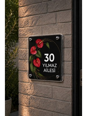 JHAAR Kişiye Özel Pleksi Kapı Isimliği – Modern & Lüks Uv Baskılı Dekoratif Kapı Numarası- Anthurium Çiçeği 20X20 cm - Siyah