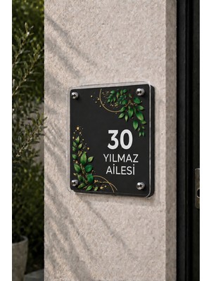 JHAAR Kişiye Özel Pleksi Kapı Isimliği – Modern & Lüks Uv Baskılı Dekoratif Kapı Numarası- Yaprak Tasarım 20X20 cm - Siyah