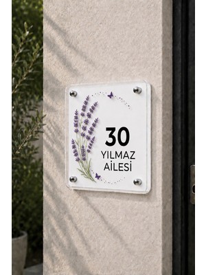 JHAAR Kişiye Özel Pleksi Kapı Isimliği – Modern & Lüks Uv Baskılı Dekoratif Kapı Numarası- Lavanta Çiçeği 20X20 cm - Beyaz