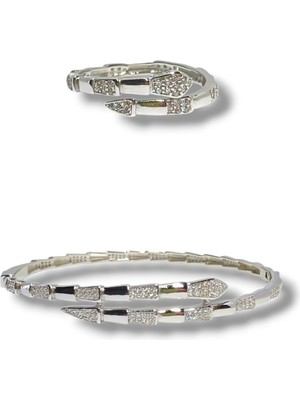 Lunel Silver Zirkon Taşlı Gümüş Kelepçe ve Ayarlanabilir Yüzük Seti - 925 Ayar Gümüş Yılan Set