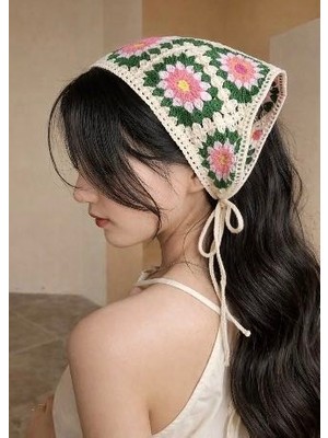 Krem Yeşil Örgü Ayçiçek Desenli Üçgen Bel Bandanası Kadın Bohem Vintage Yazlık Bel Aksesuarı