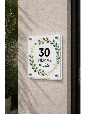 JHAAR Kişiye Özel Pleksi Kapı Isimliği – Modern & Lüks Uv Baskılı Dekoratif Kapı Numarası- Yuvarlak Tasarım Yaprak 20X20 cm - Beyaz