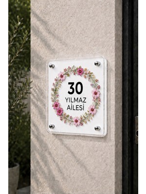 JHAAR Kişiye Özel Pleksi Kapı Isimliği – Modern & Lüks Uv Baskılı Dekoratif Kapı Numarası-Pembe Papatya Çiçeği 20X20 cm - Beyaz