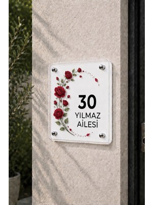 JHAAR Kişiye Özel Pleksi Kapı Isimliği – Modern & Lüks Uv Baskılı Dekoratif Kapı Numarası- Kırmızı Gül 20X20 cm - Beyaz
