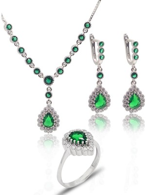 Midyat Nurtaş Gümüş Zümrüt Taşlı Damla Model 925 Ayar Gümüş Kadın Üçlü Set 201025666