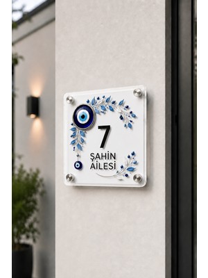 JHAAR Kişiye Özel Pleksi Kapı Isimliği – Modern & Lüks Uv Baskılı Dekoratif Kapı Numarası- Nazar Boncuklu 20X20 cm - Beyaz