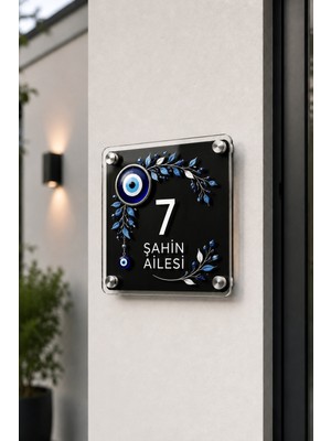 JHAAR Kişiye Özel Pleksi Kapı Isimliği – Modern & Lüks Uv Baskılı Dekoratif Kapı Numarası- Nazar Boncuklu 20X20 cm - Siyah
