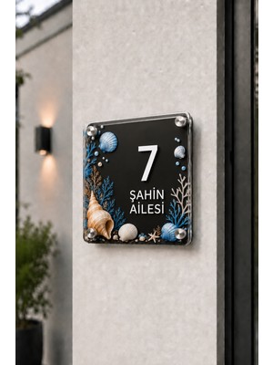 JHAAR Kişiye Özel Pleksi Kapı Isimliği – Modern & Lüks Uv Baskılı Dekoratif Kapı Numarası - Deniz Temalı 20X20 cm - Siyah
