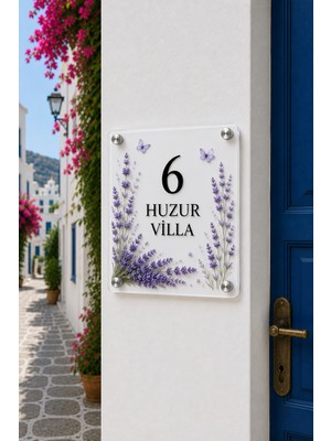 JHAAR Kişiye Özel Pleksi Kapı Isimliği – Modern & Lüks Uv Baskılı Dekoratif Kapı Numarası - Lavanta Bahçesi Çiçekleri 20X20 cm - Beyaz
