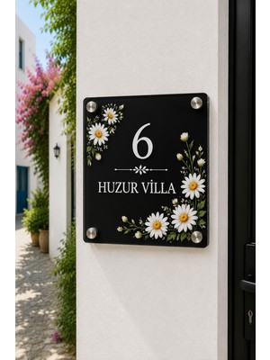 JHAAR Kişiye Özel Pleksi Kapı Isimliği – Modern & Lüks Uv Baskılı Dekoratif Kapı Numarası - Papatya Çiçekleri 20X20 cm - Siyah
