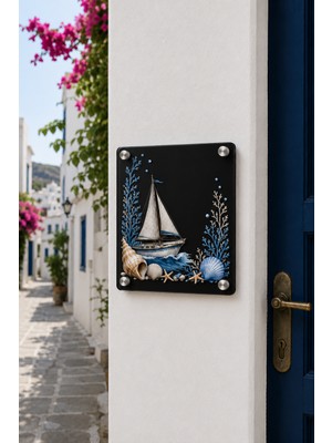 JHAAR Kişiye Özel Pleksi Kapı Isimliği – Modern & Lüks Uv Baskılı Dekoratif Kapı Numarası - Yelkenli Deniz Temalı 20X20 cm - Siyah