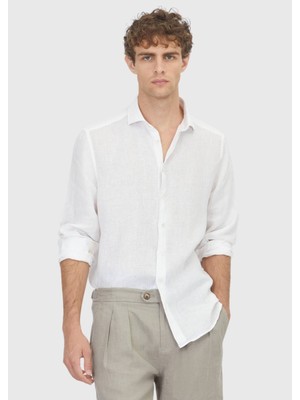 Ramsey Beyaz Düz Casual Fit Uzun Dokuma Casual %100 Keten Gömlek