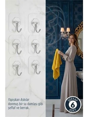 Easera Ticaret 6 Lı Şeffaf Yapışkanlı Askı, Mutfak Banyo Duvar Askısı, Çivisiz Pratik Kanca Seti