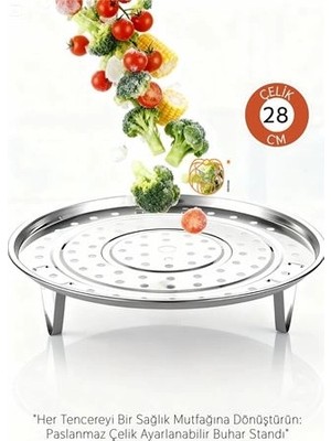 Renas Store Inox Çelik Ayaklı Buharlı Pişirme Aparatı - 28 cm Çok Amaçlı Tencere Içi Haşlama Standı