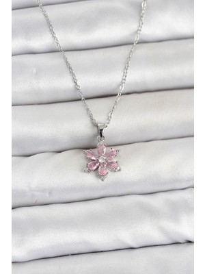Mey Ithalat® 316L Çelik Zincir Gümüş Renk Pembe Zirkon Taşlı Lotus Model Kadın Kolye