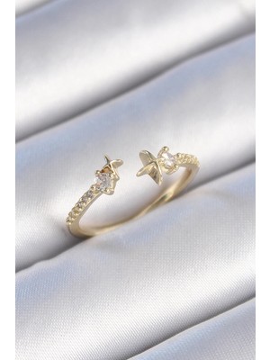 Mey Ithalat® Pirinç Gold Renk Zirkon Taş Detay Yıldız Model Kadın Yüzük