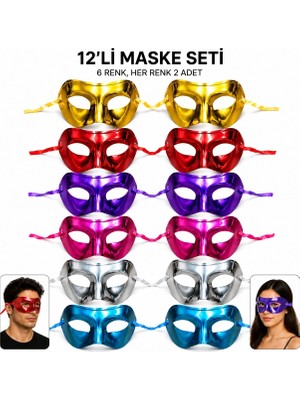 Mey Ithalat® 12&amp;#39;li Metalik Venedik Toptan Parti Maskesi Seti – 6 Renk Karışık