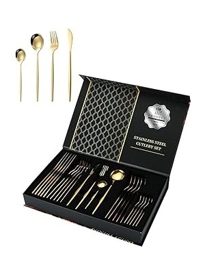 Nacario 410 Çelik 24 Parça Gold Yemek Kaşık Çatal Seti CIN518SR
