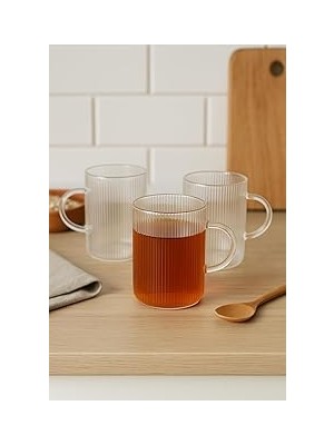 Nacario 3 Adet Çizgili Kulplu Isıya Dayanıklı Borosilikat Cam Kahve Çay Bardak - 200 ml Cam Çay Bardağı