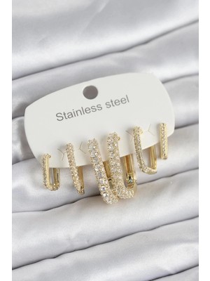 Durukar® 316L Çelik Gold Renk 6'lı Set Zirkon Taşlı Kadın Küpe