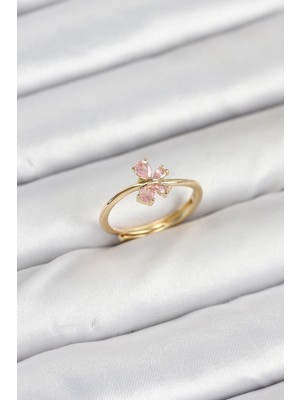 Mey Ithalat® Pirinç Gold Renk Pembe Kelebek Kadın Yüzük