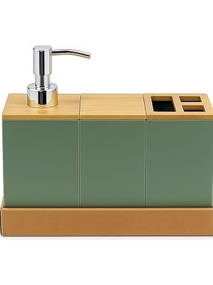 Nacario Bambu Kapaklı Yeşil Banyo Seti – Sıvı Sabunluk, Fırçalık, Çok Gözlü Organizer Düzenleyici