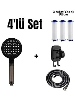 Nacario 4'lü Set 6 Fonksiyonlu Filtreli Duş Başlığı +3 Adet Yedek Filtre+ 150 cm Duş Hortumu + Siyah Yapışk