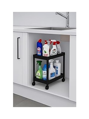 Nacario Sas Haus Flex 2 Katlı Siyah Tekerlekli Çok Amaçlı Banyo & Mutfak Düzenleyici Raf – Evye A