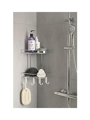 Nacario Sas Haus Banyo Köşe Rafı Askılı Duş Organizeri Şampuanlık 2 Katlı Krom Ek-02 Gri