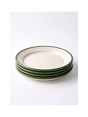 Nacario 4'lü Emaye Servis Tabağı Seti - 25 cm Krem Renkli Yeşil Kenarlı Yemek Tabağı Takımı - Nostalj