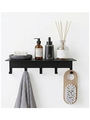 Nacario Orret Yapışkanlı Metal Banyo Rafı 5 Kancalı Duvar Rafı Organizer Dekoratif Raf Siyah Paslanmaz