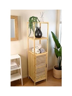 Nacario Digithome Bambu Tek Kapaklı 3 Raflı Çok Amaçlı Banyo Düzenleyici Organizer Dik Dolap DB-0037