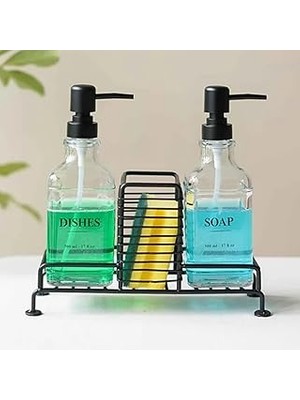 Nacario Mutfak Sabun Deterjan Dispenser Seti Demir Çiftli Pompa Sünger Standı 500 ml Siyah