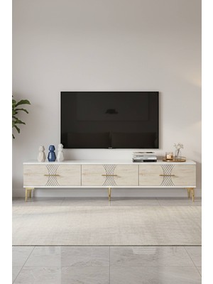 Yumedi Design TSA1832BT - Merve Tv Stand , Tv Sehpası 180CM Beyaz-Traverten