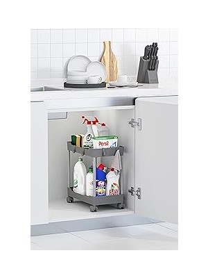 Nacario Gri 2 Katlı Tekerlekli Düzenleyici Mutfak Banyo Rafı