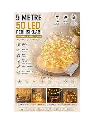 Nacario 5 Metre Gün Işığı Peri LED Tel 3 Pilli Fonksiyonlu Süsleme Ince Telli Aydınlatmalı Şerit LED Yılbaş