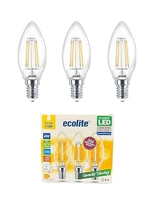Nacario Ecolite 4W LED Filament Mum Ampul, E14 Duy, 2700K Sarı Işık, 470 Lümen, Şeffaf Cam, Akkor Görünümlü