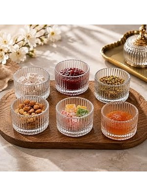 Nacario 6'lı Cam Lokumluk Reçellik Seti – Şeffaf Çizgili Cam Sunum Kasesi, Lokum, Reçel, Kuruyemiş, Çerez,