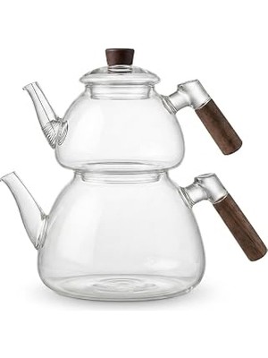 Nacario Deconox 1800 ml + 550 ml Akasya Cam Çaydanlık Takımı - Ahşap Kulplu, Isıya Dayanıklı Borosilikat Şe