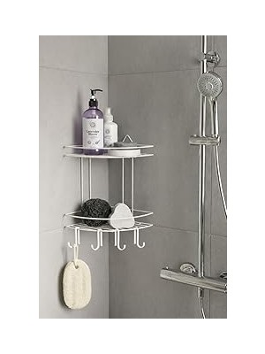 Nacario Sas Haus Banyo Köşe Rafı Askılı Duş Organizeri Şampuanlık 2 Katlı Beyaz