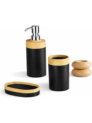 Nacario Banyo Seti, Sıvı Sabunluk, Fırçalık Sabunluk, Ahşap Kaplama, Siyah