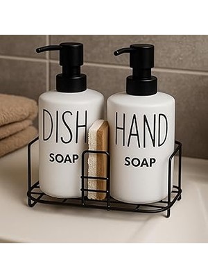 Nacario Metal Standlı Çiftli Seramik Sıvı Sabunluk – Dish & Hand Soap Yazılı