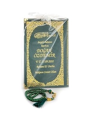 Nacario 50 Adet - Isim Baskılı Ciltli Yasin Kitabı - Orta Boy - Inci Tesbihli - Tül Keseli - Yeşil Renk