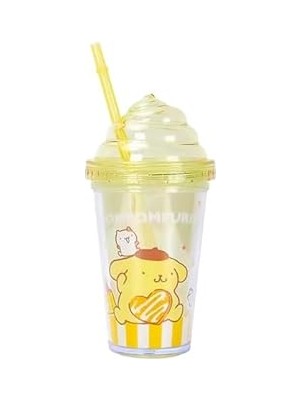 Nacario Miniso Sanrio Plastik Pompom Pipetli Su Bardağı, 350 ml Kapasiteli, Sarı